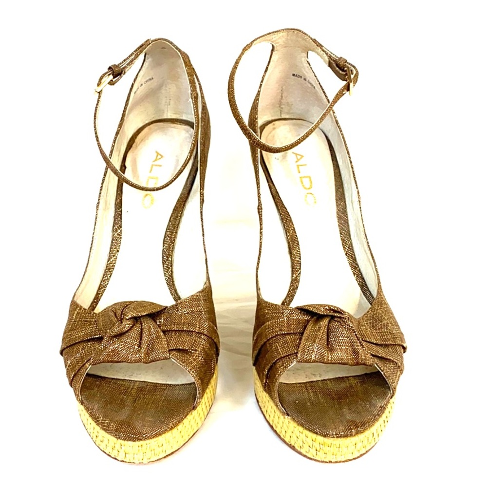 Aldo Brown, Gold, Straw Wedge Ankle Strap Shoes